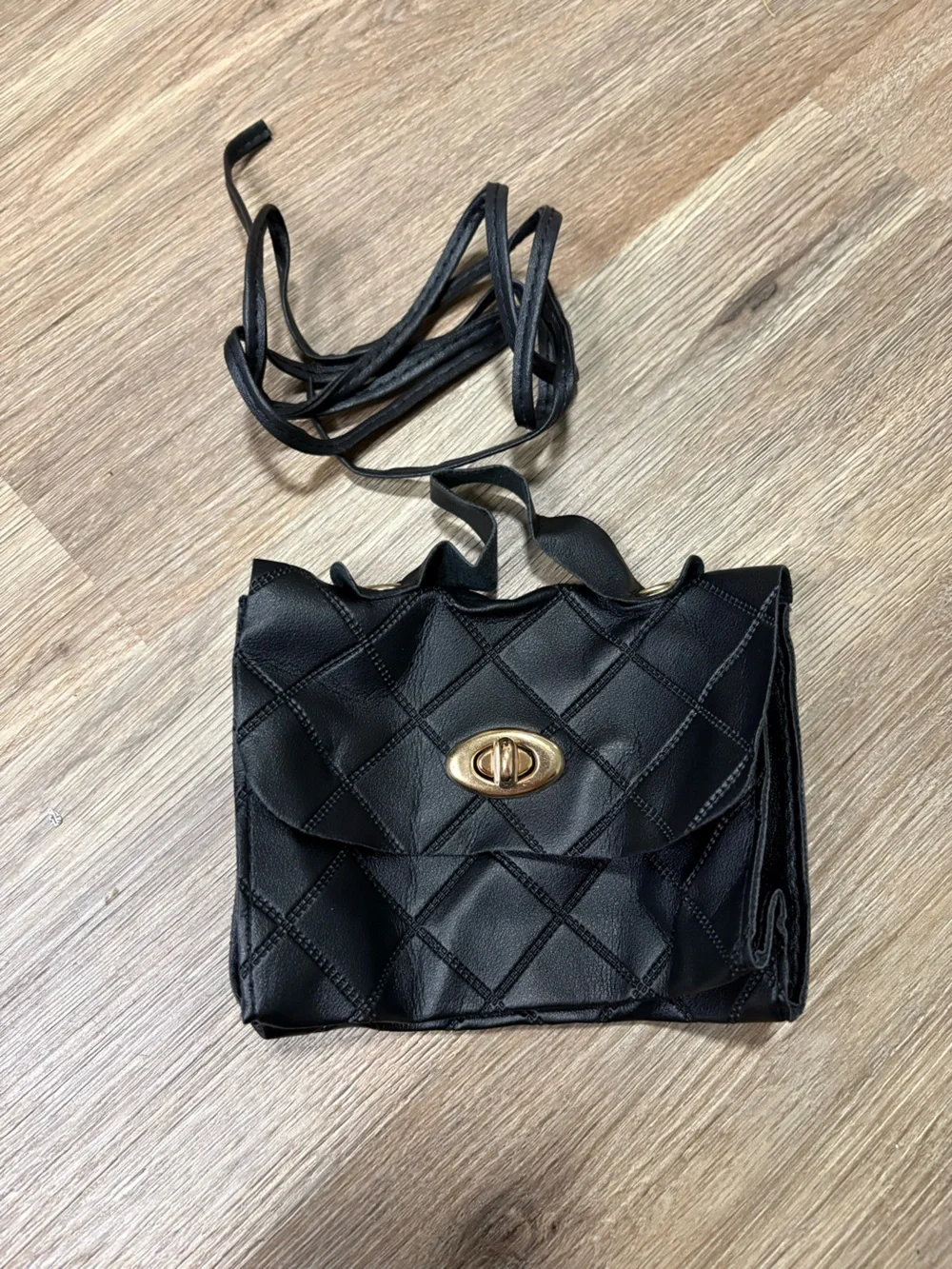 New Small Black Quilted Faux Leather Crossbody Bag Gold Turn Lock Purse